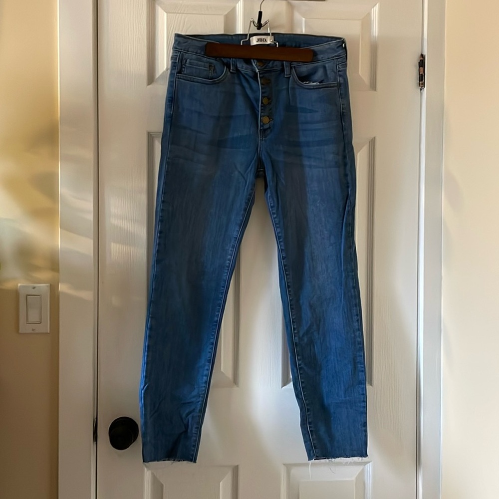 NWOT Just Black Denim mid rise button fly skinny jeans medium wash raw hem